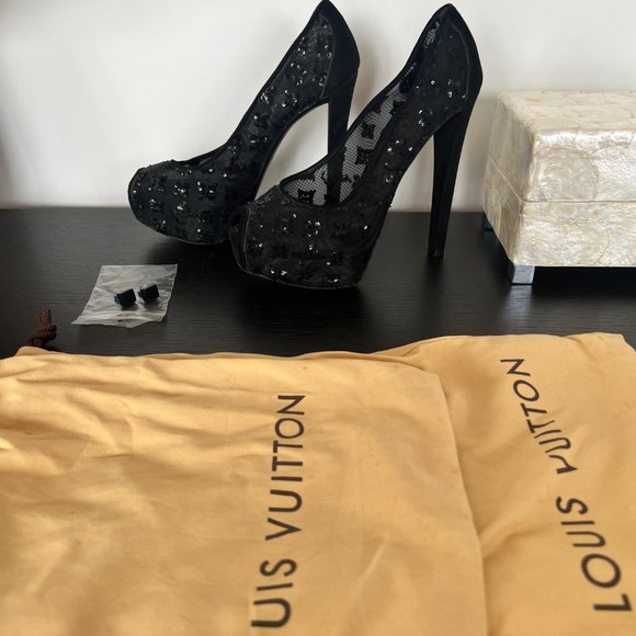 Louis Vuitton Black Monogram Peep Toe Pumps - Picture 3 of 7